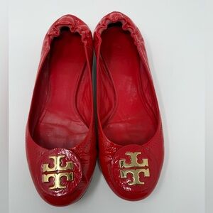 Tory Burch Glossy Red Flats with Gold Logo